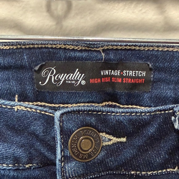 EUC - Royalty For Me Dark Blue Distressed High Rise Slim straight Jeans Size 14W - Picture 2 of 5